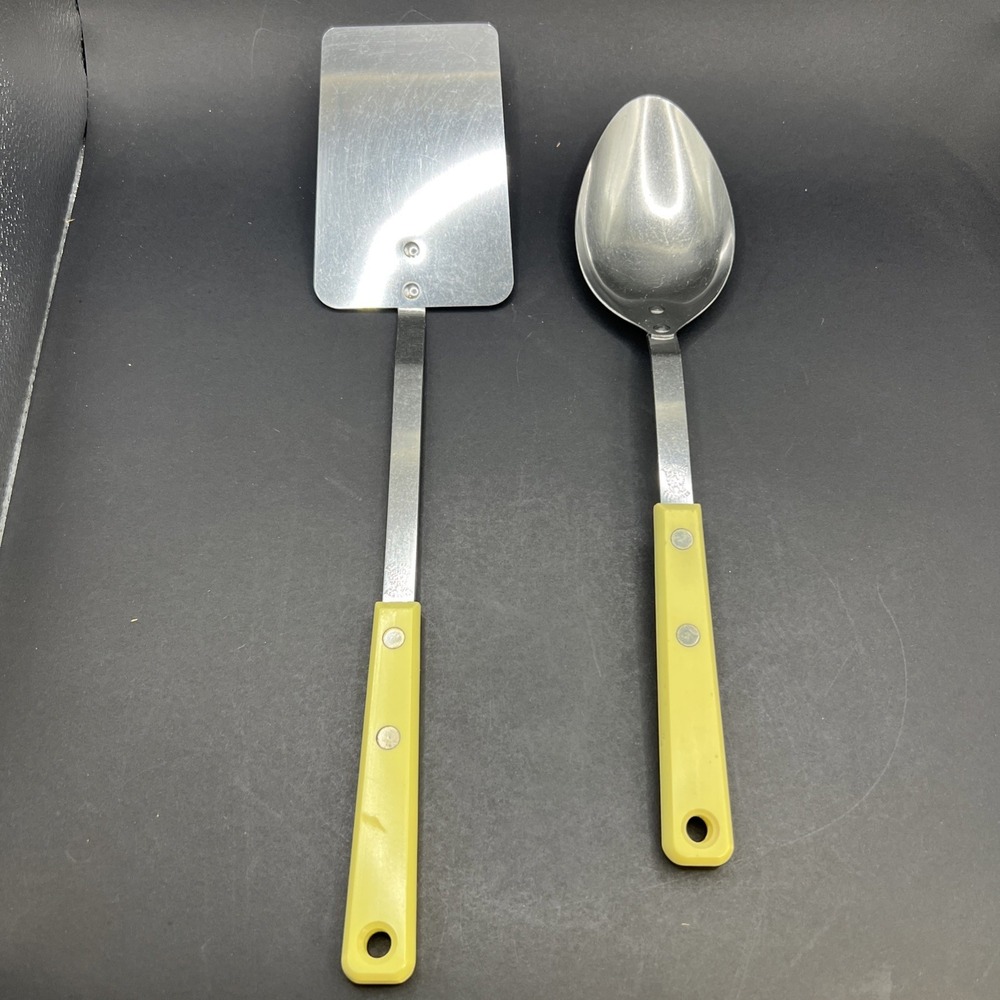 Vintage 2 Piece Set Ekco Forge Stainless Steel Spatula & Spoon Cream Handle USA